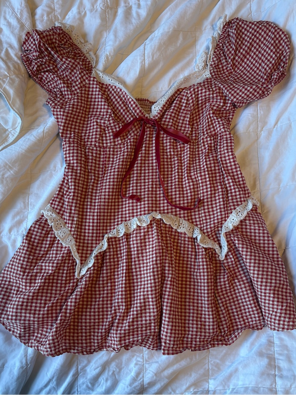 Women’s Red Gingham Mini Dress with Eyelet Trim